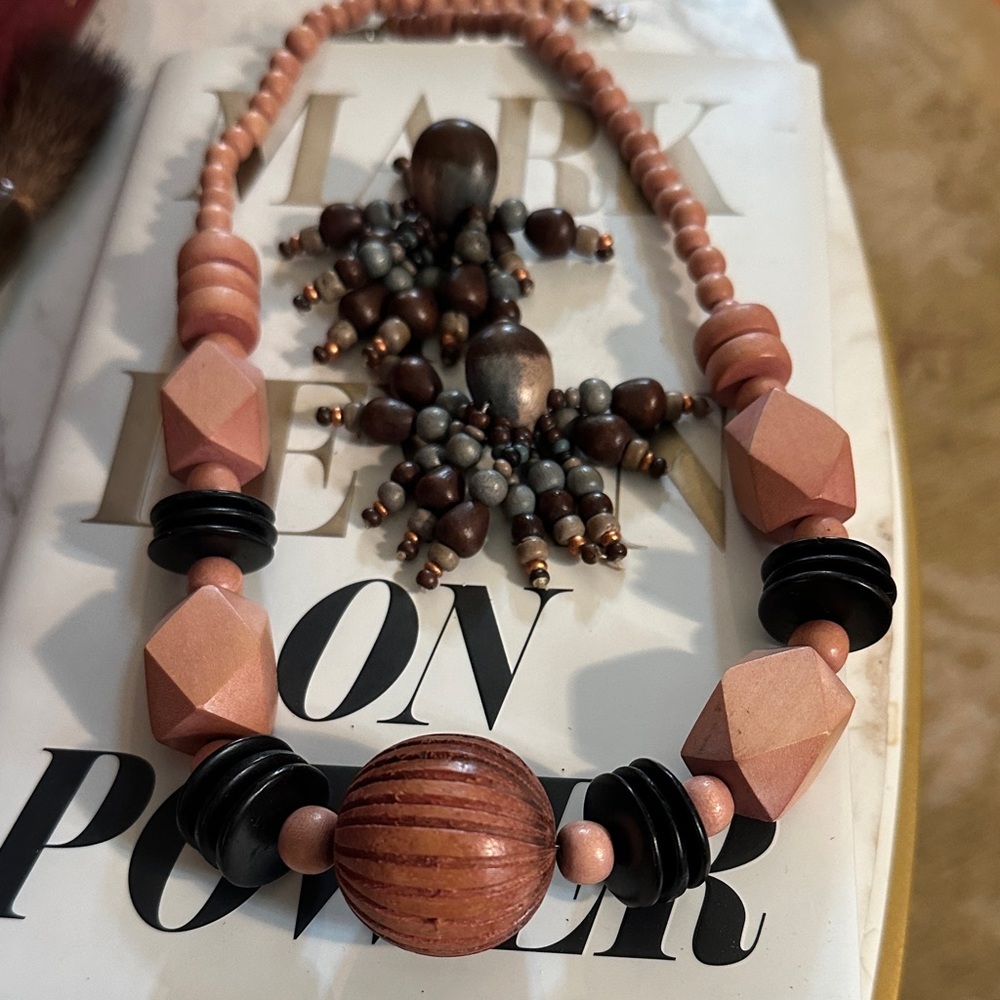Vintage wood bead  Pink and Black Beaded Necklace- Earrings Set